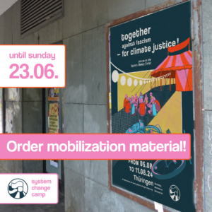 Sharepic with the inscription "Order mobile material by Sunday, 23 June!" In the background you can see the motif of the poster.